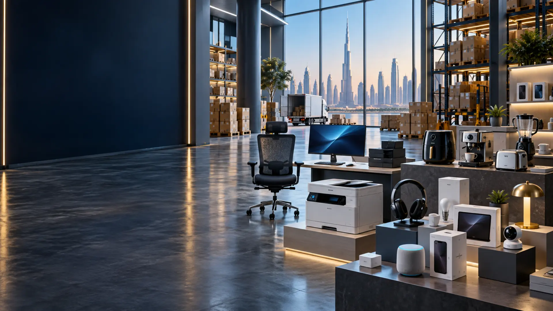 Modern Dubai trading showroom with electronics, office equipment, home appliances and logistics cartons